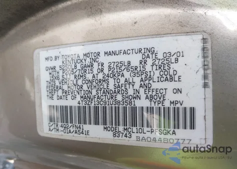 2001 Toyota Sienna Le from USA, damaged, VIN 4T3ZF13C91U383581
